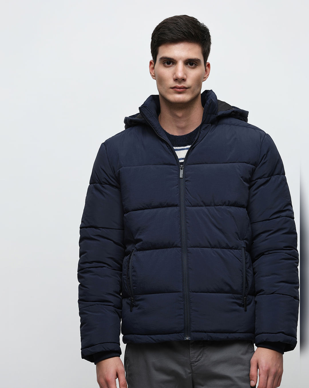 Buy Blue Hooded High-Neck Puffer Jacket for Men Online at SELECTED ...