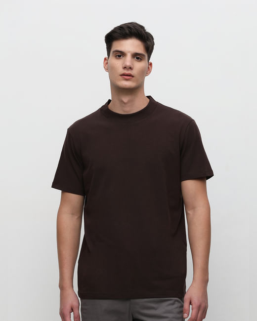 Dark Brown Solid Crew Neck T-shirt