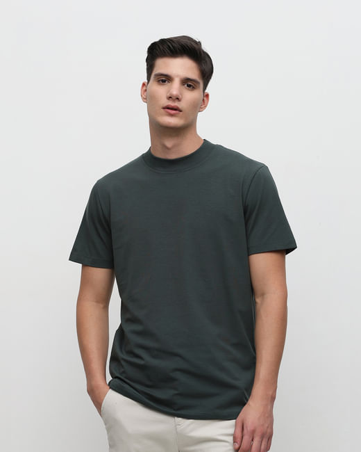 Dark Green Solid Crew Neck T-shirt