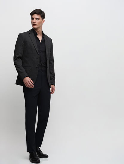 Dark Blue Mid Rise Slim Fit Tailored Trousers