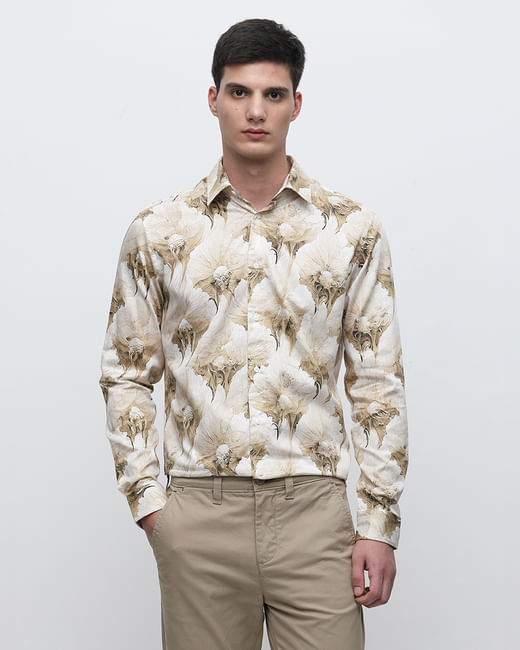 Beige Floral Print Cotton Shirt