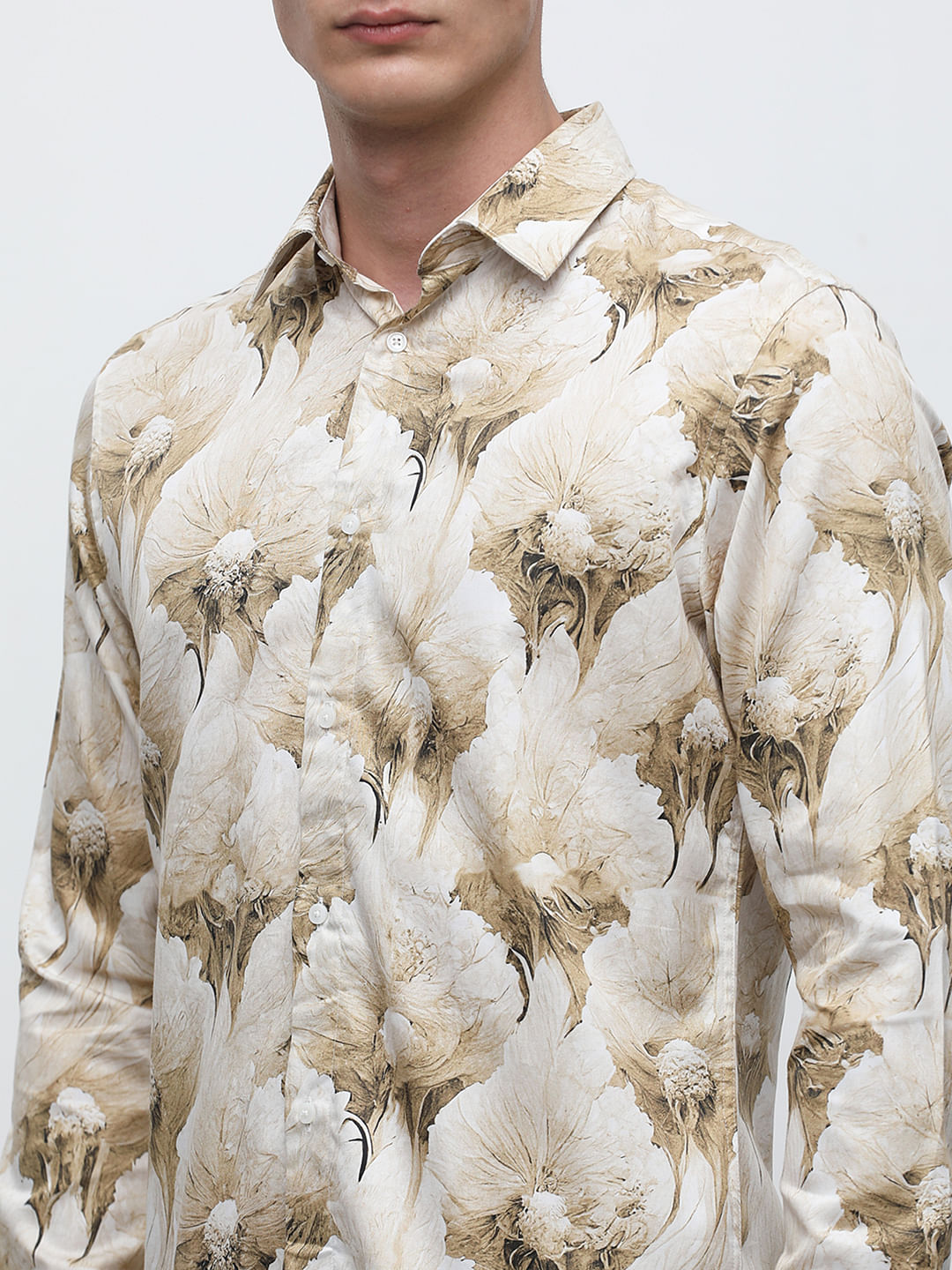 Beige Floral Print Cotton Shirt|267160601-Beige