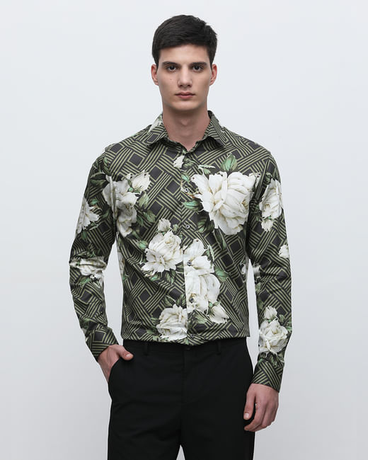 Green Floral Print Cotton Shirt