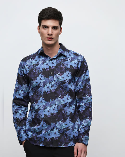 Blue Floral Print Cotton Shirt