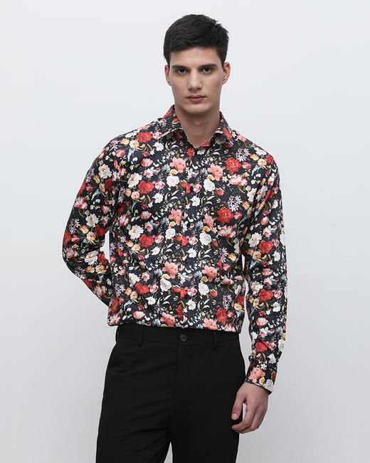 Black Floral Print Cotton Shirt