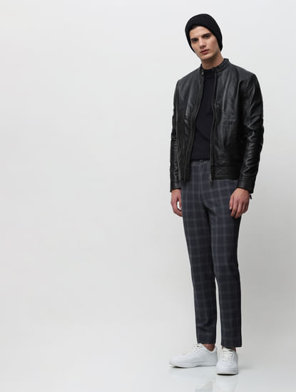 Grey Mid Rise Check Tailored Trousers