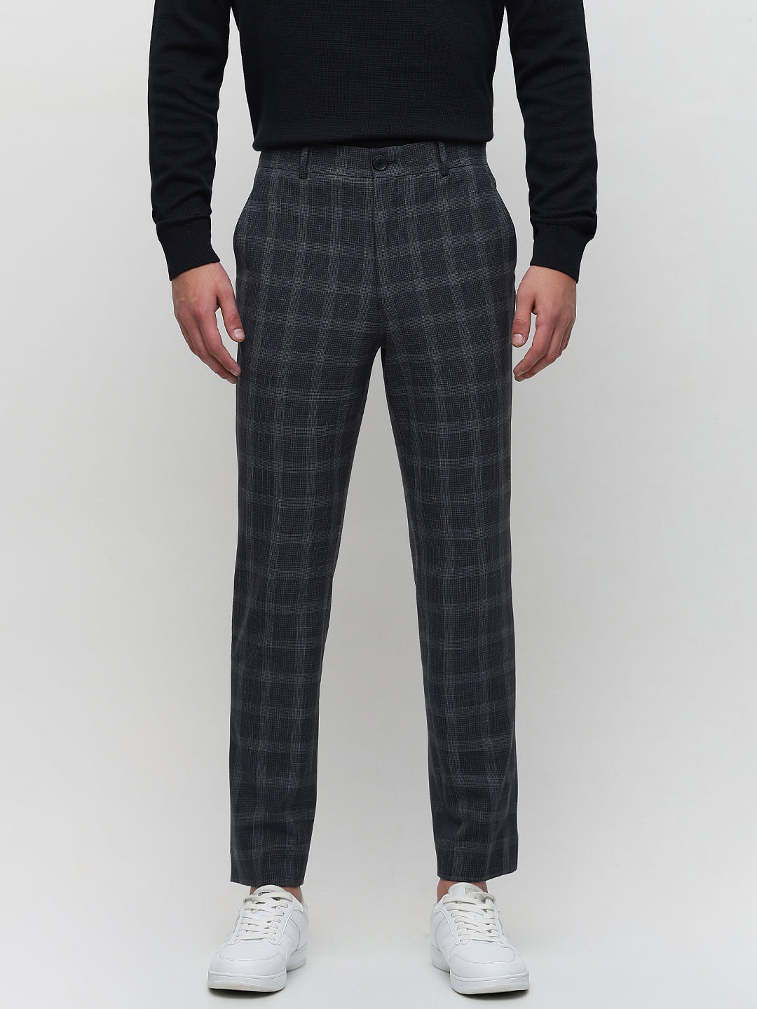 Buy Peter England Men Grey Check Carrot Fit Trousers online