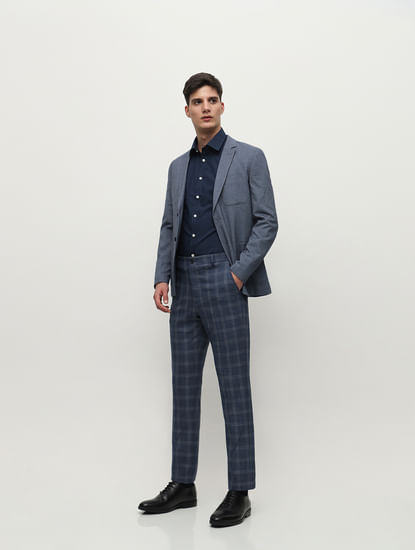 Blue Mid Rise Striped Tailored Trousers
