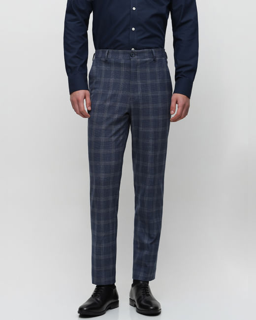 Blue Mid Rise Striped Tailored Trousers