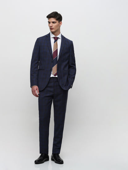 Blue Mid Rise Check Suit-Set Trousers