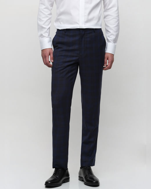 Blue Mid Rise Check Suit-Set Trousers