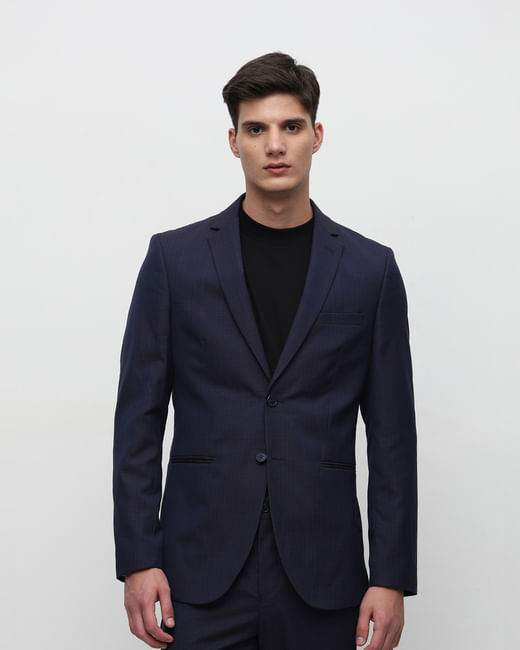Dark Blue Check Tailored Suit-Set Blazer