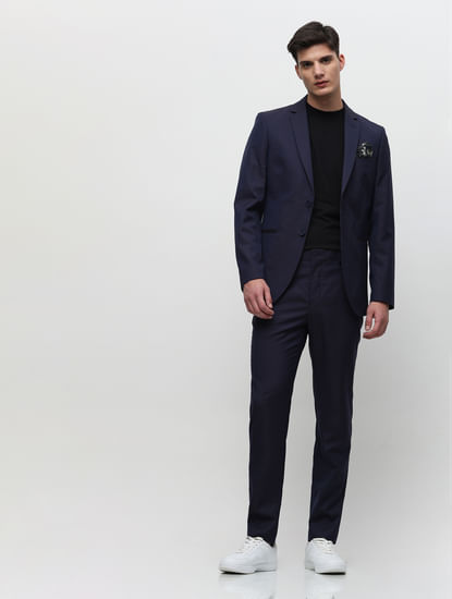 Dark Blue Mid Rise Check Tailored Suit-Set Trousers