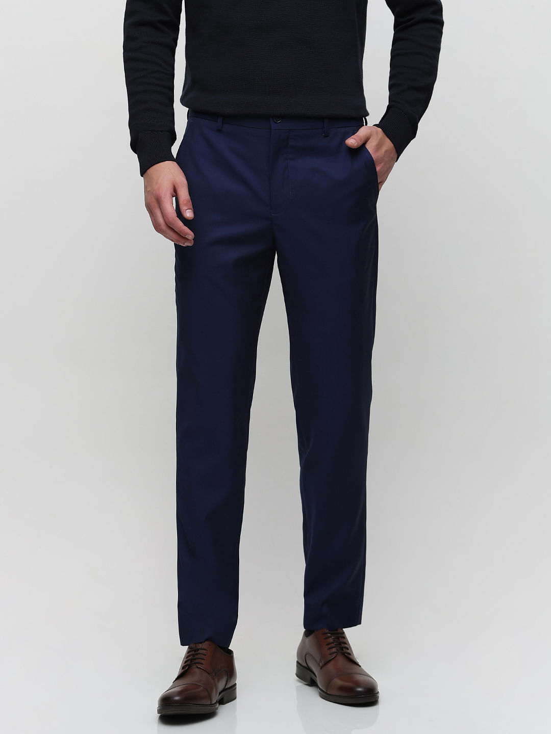 Navy Blue Trousers Classic Plain Straight Smart Pull Up Half Elastic
