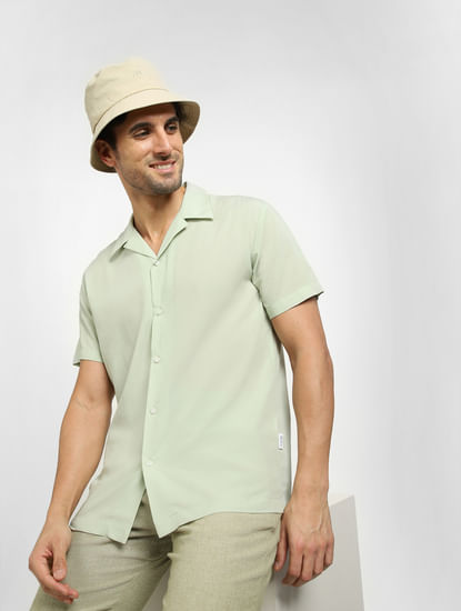 Light Green Cuban Collar Short Sleeves Shirt