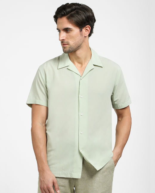 Light Green Cuban Collar Short Sleeves Shirt