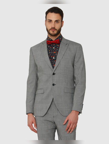 Grey Checks Double Button Slim Fit Formal Blazer