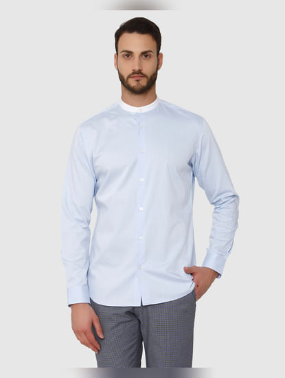 Light Blue Contrast Collar Detail Slim Fit Full Sleeves Shirt