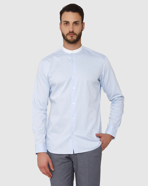 Light Blue Contrast Collar Detail Slim Fit Full Sleeves Shirt