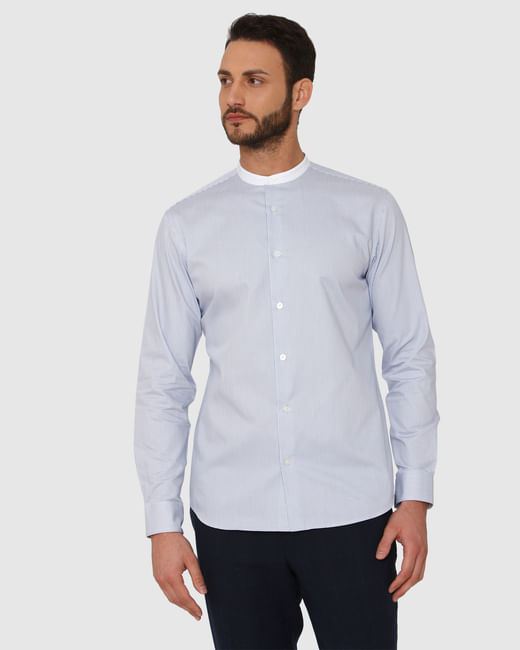 Light Blue Striped Contrast Collar Detail Slim Fit Full Sleeves Formal Shirt