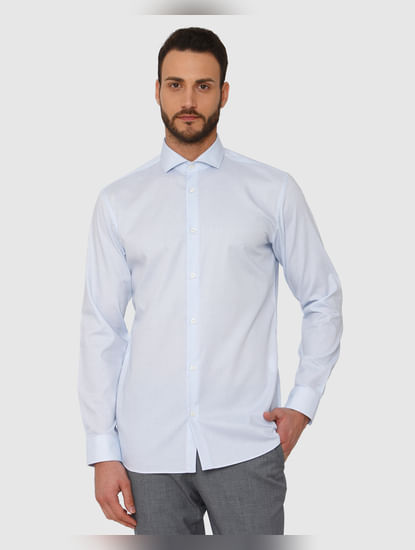 Sky Blue Textured Regular Fit Full Sleeves Formal Shirt