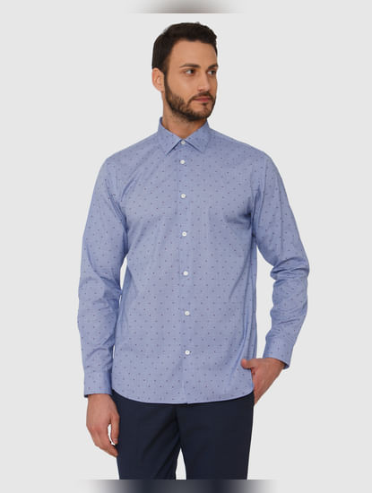 Blue All Over Dotted Print Regular Fit Full Sleeves Formal Shirt
