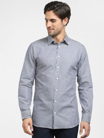 Grey Striped Cotton Full Sleeves Shirt