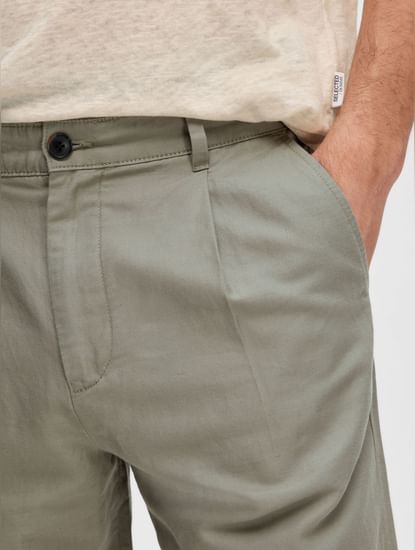 Green Mid Rise Slim Linen Pants 