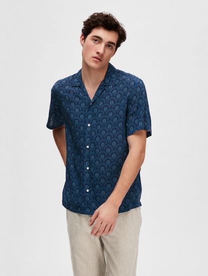 Dark Blue Printed Short Sleeves Resort Shirt