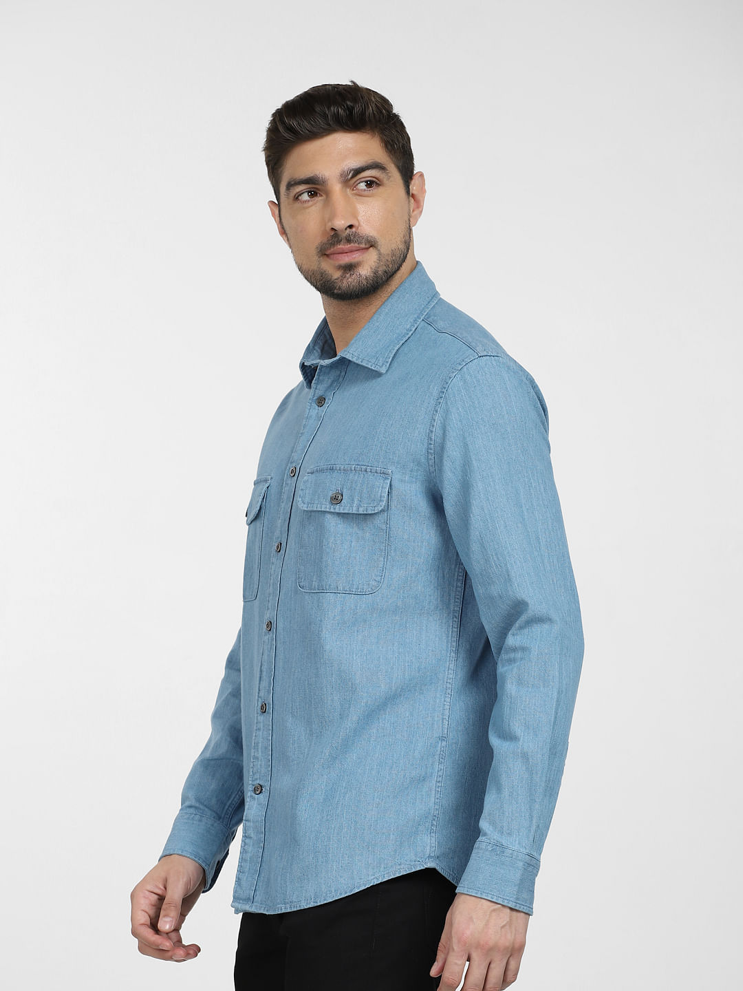 Buy light blue double pocket men's denim shirt-North Republic