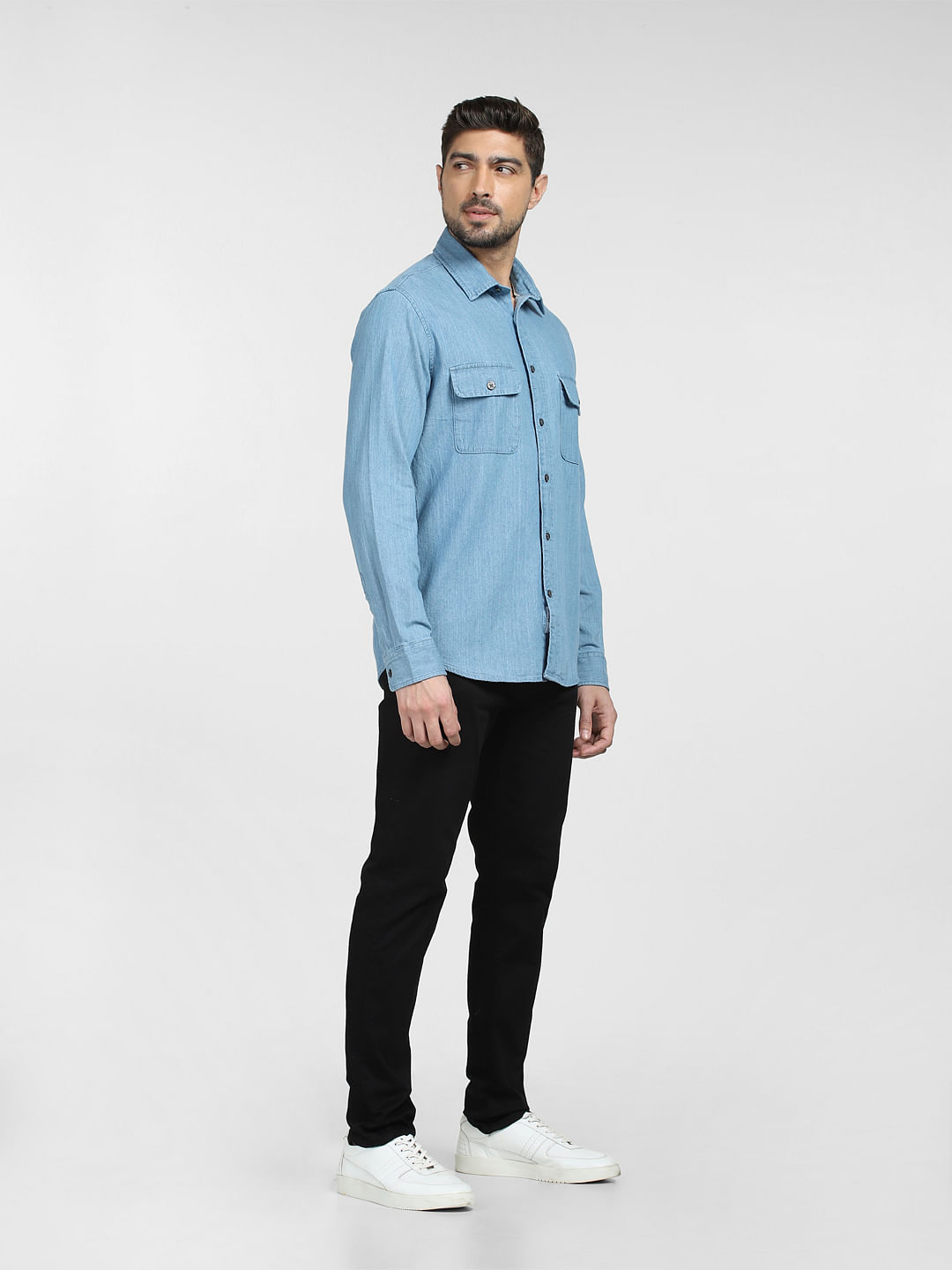 Shop Men Light Blue Cotton Full Sleeve Denim Shirt - Spykar