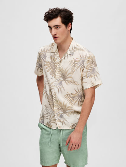 Cream Tropical Print Cuban Collar Shirt