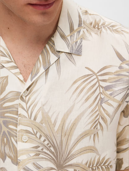 Cream Tropical Print Short Sleeves Shirt