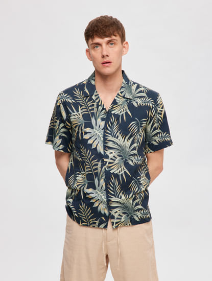 Blue Tropical Print Cuban Collar Shirt
