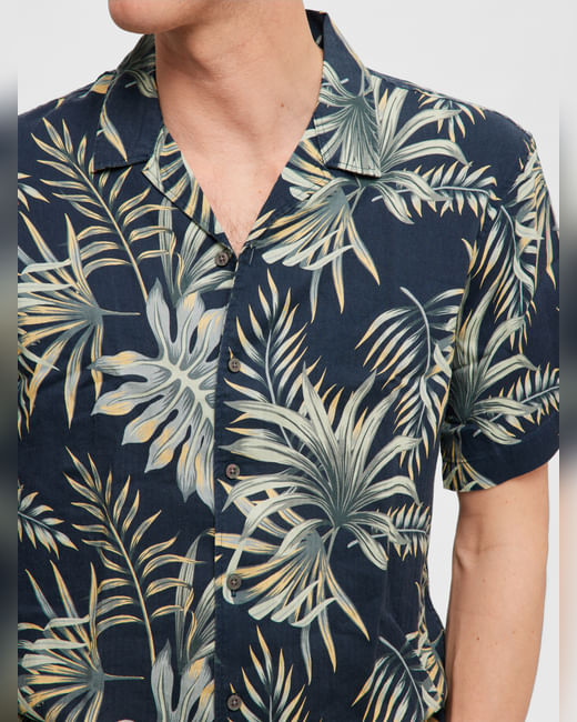 Blue Tropical Print Cuban Collar Shirt