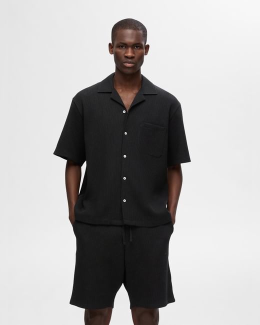 Black Cuban Collar Co-ord Set Shirt