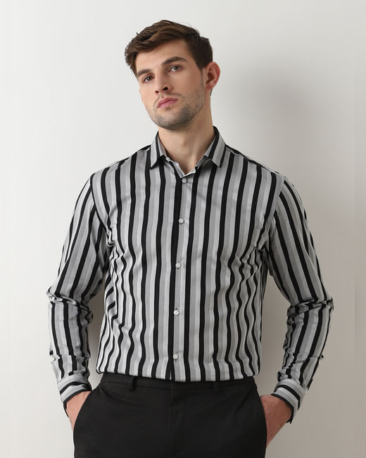 Grey Striped Full Sleeves Shirt