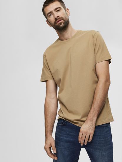 SELECTED Dark Beige Organic Cotton T-shirt