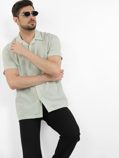 Green Cuban Collar Short Sleeves Shirt