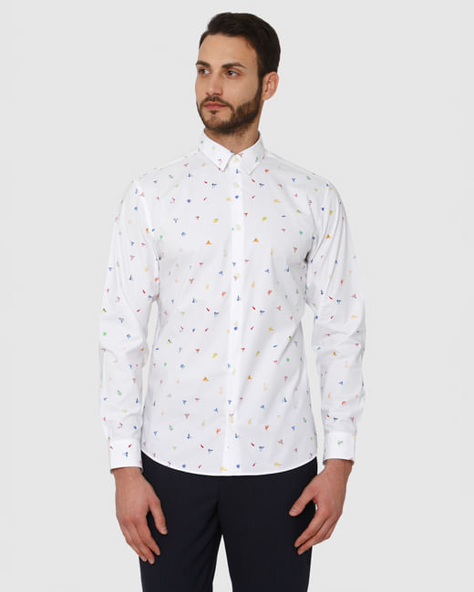 White All Over Print Slim Fit Full Sleeves Shirt