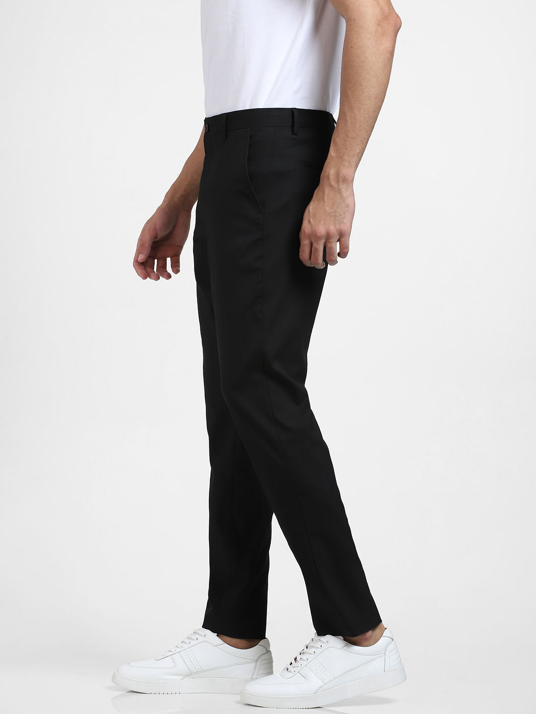 Buy WES Formals Solid Black Slim Fit Trousers from Westside