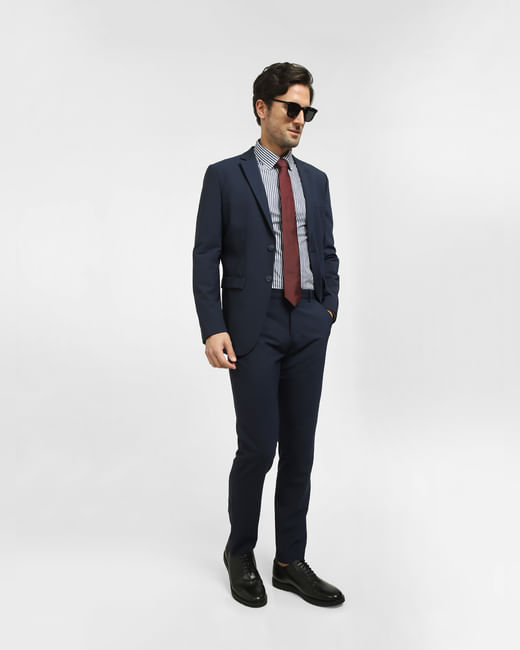 Navy Blue Mid Rise Formal Suit-Set Trousers
