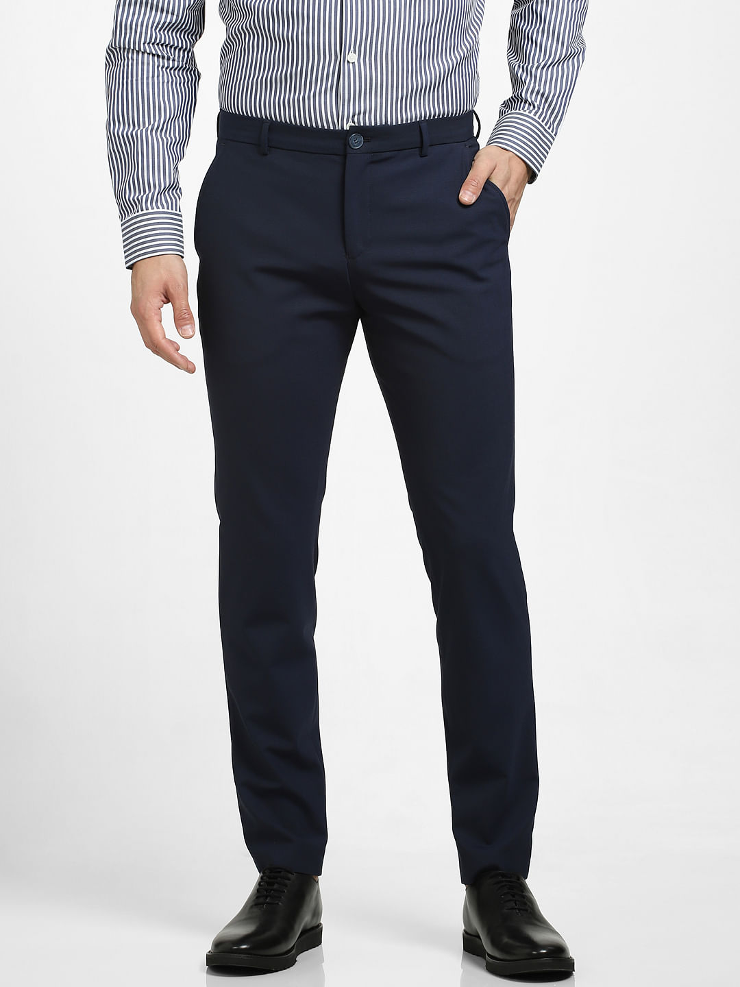 Buy Navy Blue Mid Rise Check Trousers for Men