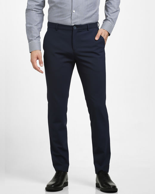 Navy Blue Mid Rise Formal Suit-Set Trousers