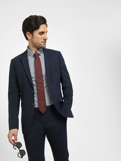 Navy Blue Double Button Suit-Set Blazer
