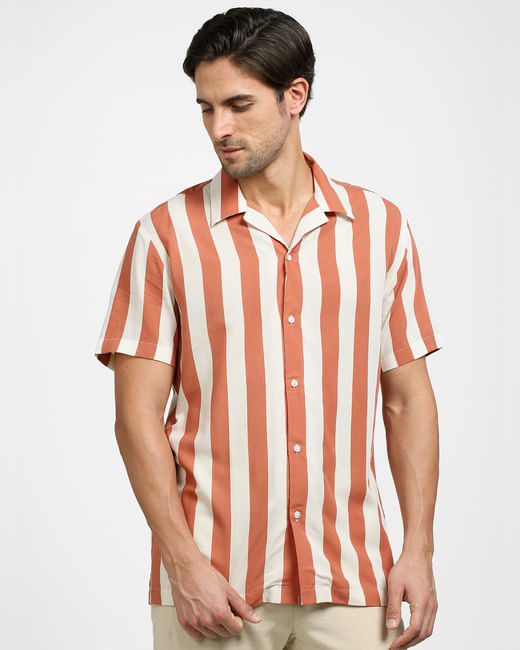 Red Striped Organic Cotton Cuban Collar Shirt