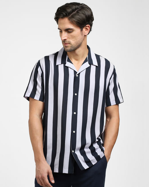 Blue Striped Organic Cotton Cuban Collar Shirt