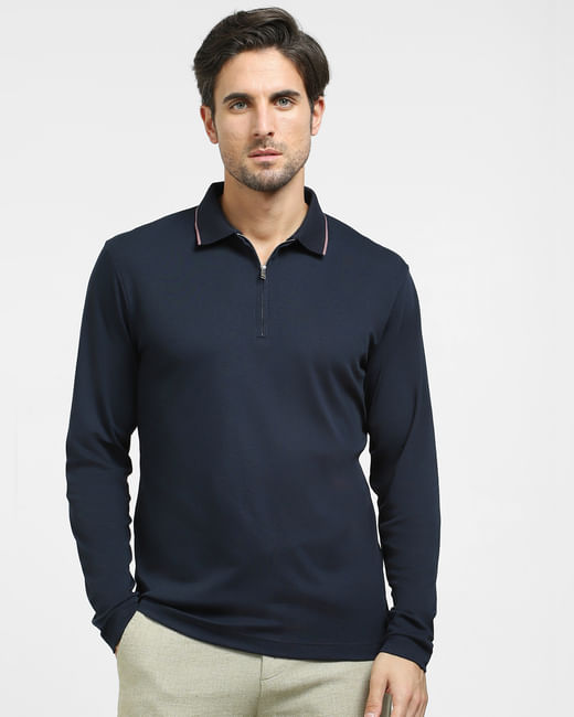 Navy Blue Zip-Up Polo T-shirt