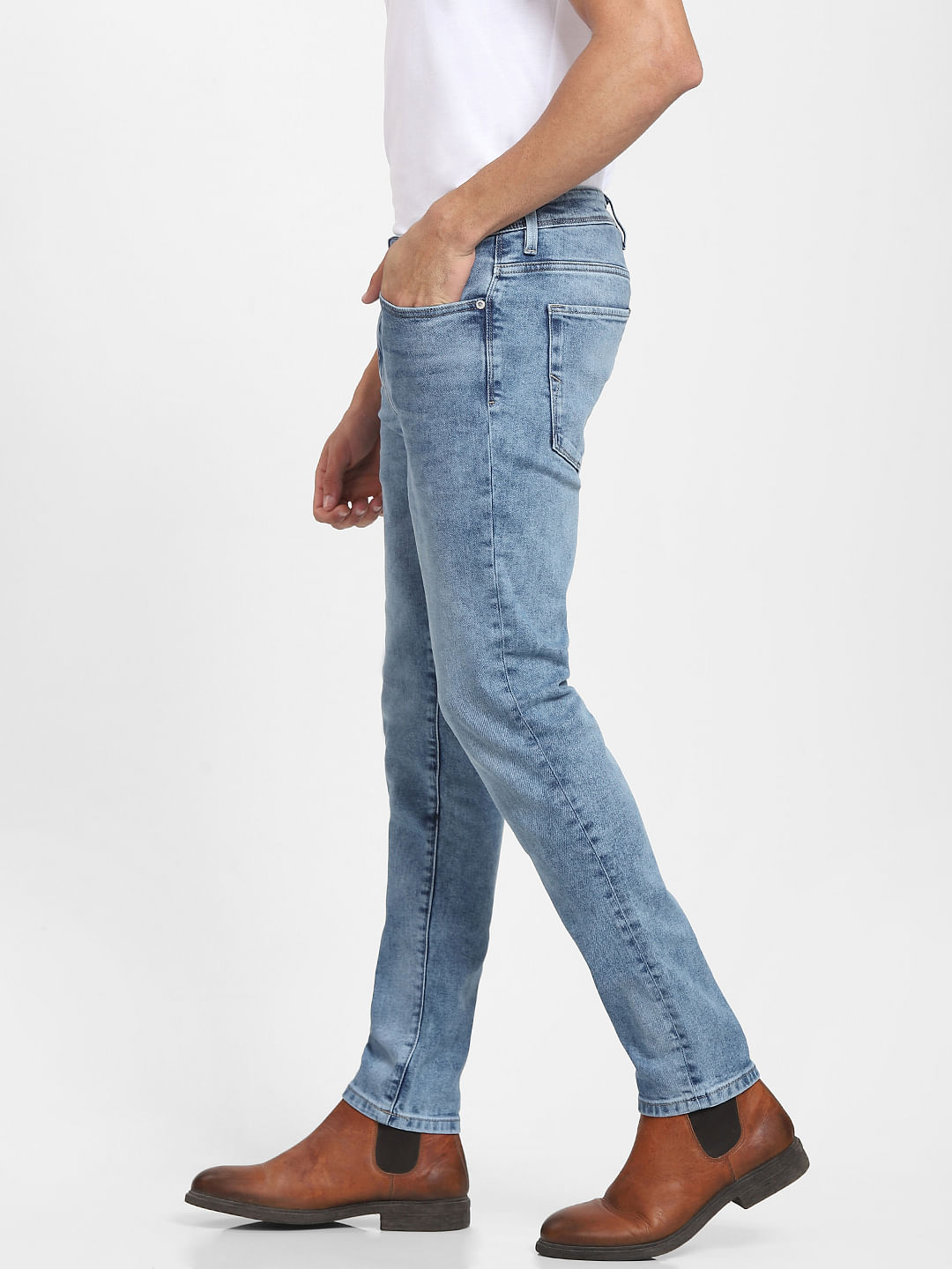 Buy Men Light Blue Cotton Stretch Slim Fit Mid Rise Jeans