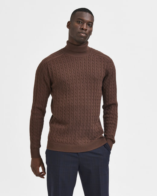 Brown Cable Knit Roll Neck Pullover
